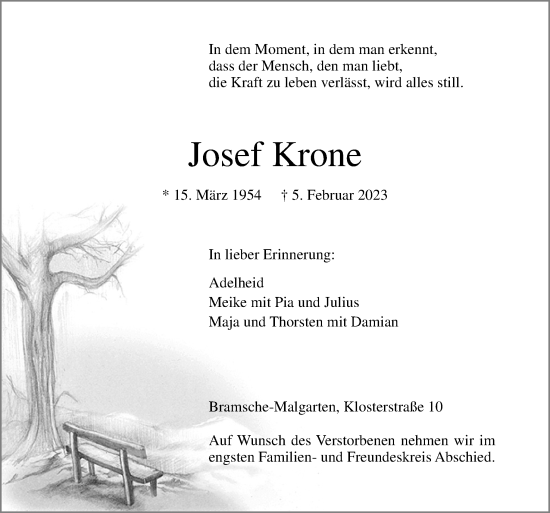 Traueranzeige von Josef Krone von Neue Osnabrücker Zeitung GmbH & Co. KG