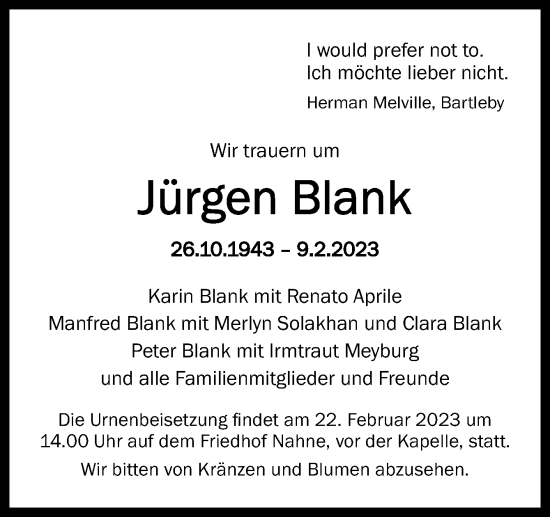Traueranzeige von Jürgen Blank von Neue Osnabrücker Zeitung GmbH & Co. KG