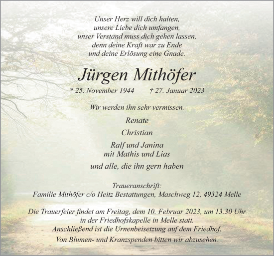 Traueranzeige von Jürgen Mithöfer von Neue Osnabrücker Zeitung GmbH & Co. KG