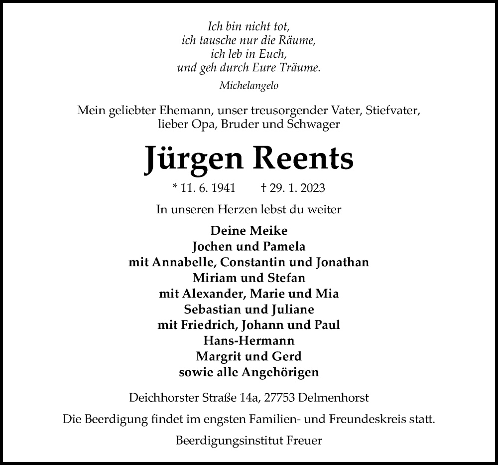  Traueranzeige für Jürgen Reents vom 04.02.2023 aus DK Medien GmbH & Co. KG