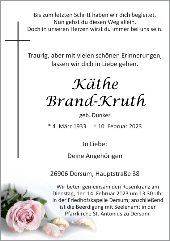 Traueranzeige von Käthe Brand-Kruth von Neue Osnabrücker Zeitung GmbH & Co. KG