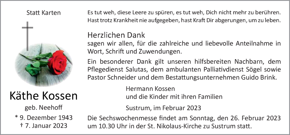  Traueranzeige für Käthe Kossen vom 22.02.2023 aus Neue Osnabrücker Zeitung GmbH & Co. KG