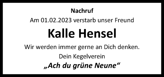 Traueranzeige von Kalle Hensel von Neue Osnabrücker Zeitung GmbH & Co. KG