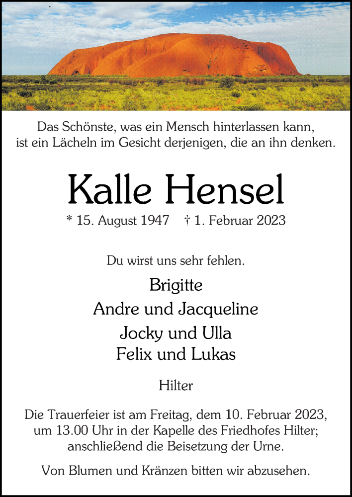  Traueranzeige für Kalle Hensel vom 04.02.2023 aus Neue Osnabrücker Zeitung GmbH & Co. KG