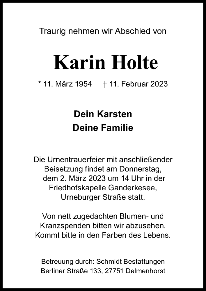  Traueranzeige für Karin Holte vom 18.02.2023 aus DK Medien GmbH & Co. KG