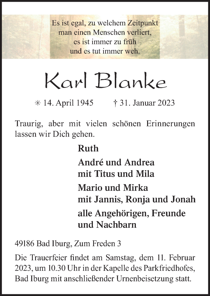  Traueranzeige für Karl Blanke vom 04.02.2023 aus Neue Osnabrücker Zeitung GmbH & Co. KG