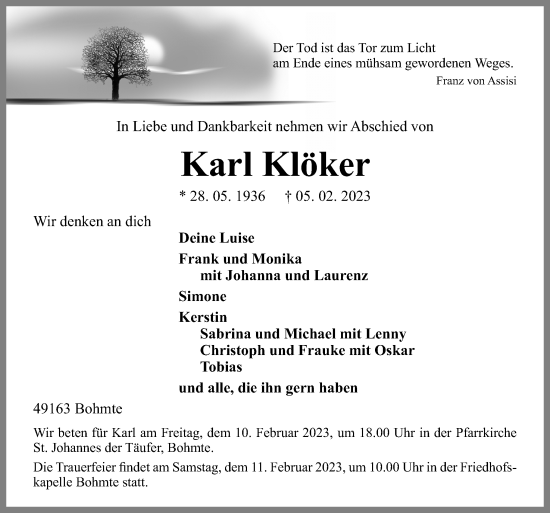 Traueranzeige von Karl Klöker von Neue Osnabrücker Zeitung GmbH & Co. KG