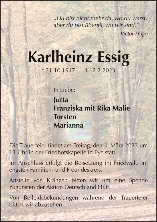Traueranzeige von Karlheinz Essig von Neue Osnabrücker Zeitung GmbH & Co. KG