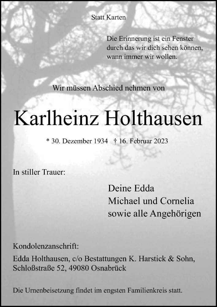  Traueranzeige für Karlheinz Holthausen vom 25.02.2023 aus Neue Osnabrücker Zeitung GmbH & Co. KG