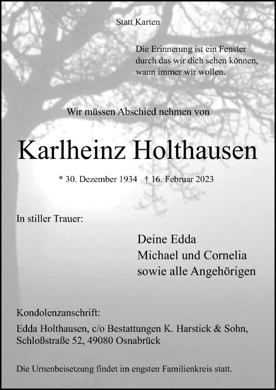 Traueranzeige von Karlheinz Holthausen von Neue Osnabrücker Zeitung GmbH & Co. KG