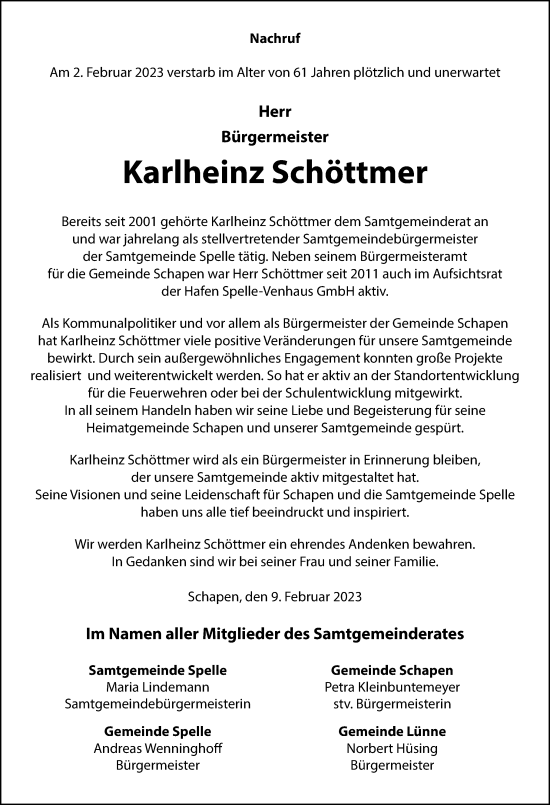 Traueranzeige von Karlheinz Schöttmer von Neue Osnabrücker Zeitung GmbH & Co. KG
