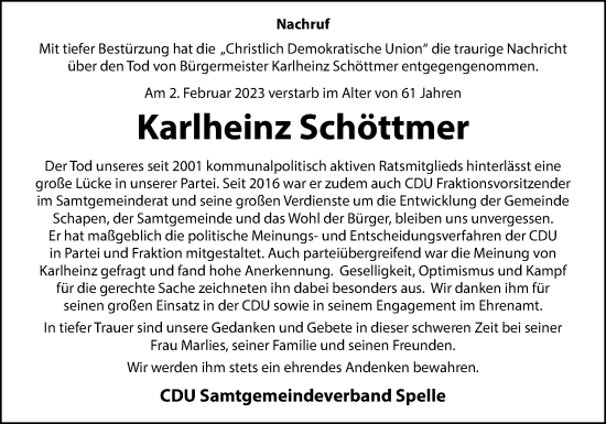 Traueranzeige von Karlheinz Schöttmer von Neue Osnabrücker Zeitung GmbH & Co. KG