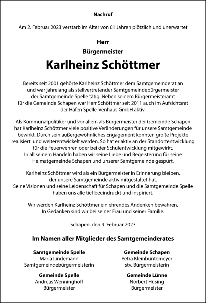  Traueranzeige für Karlheinz Schöttmer vom 09.02.2023 aus Neue Osnabrücker Zeitung GmbH & Co. KG