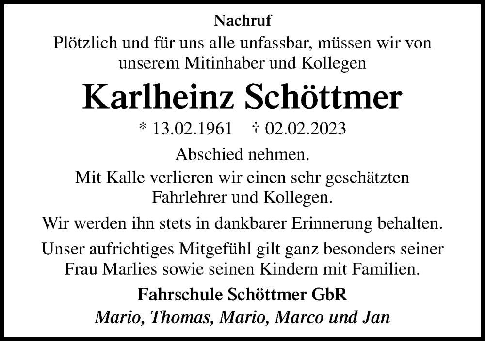  Traueranzeige für Karlheinz Schöttmer vom 11.02.2023 aus Neue Osnabrücker Zeitung GmbH & Co. KG