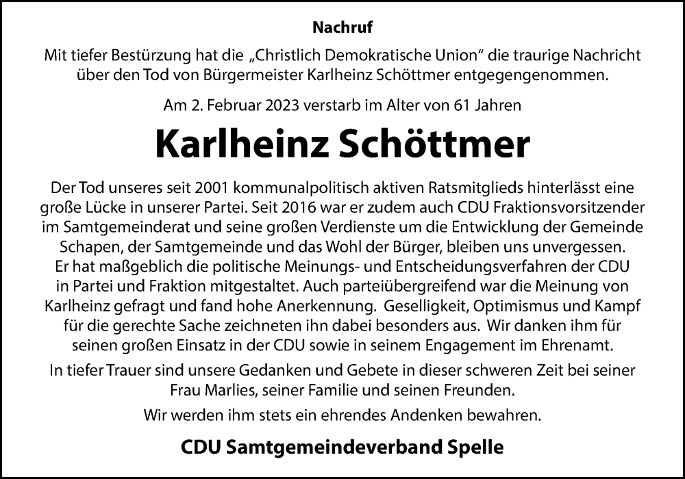  Traueranzeige für Karlheinz Schöttmer vom 09.02.2023 aus Neue Osnabrücker Zeitung GmbH & Co. KG