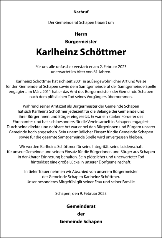 Traueranzeige von Karlheinz Schöttmer von Neue Osnabrücker Zeitung GmbH & Co. KG