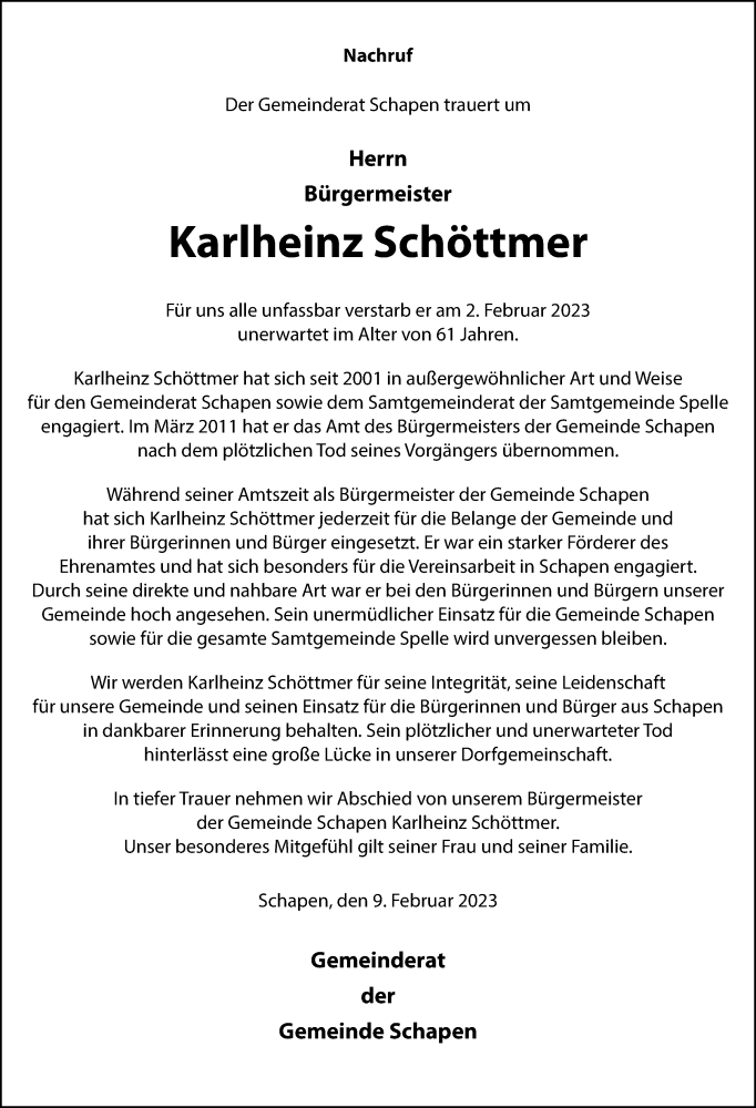  Traueranzeige für Karlheinz Schöttmer vom 09.02.2023 aus Neue Osnabrücker Zeitung GmbH & Co. KG