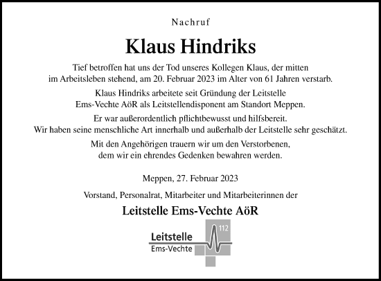 Traueranzeige von Klaus Hindriks von Neue Osnabrücker Zeitung GmbH & Co. KG