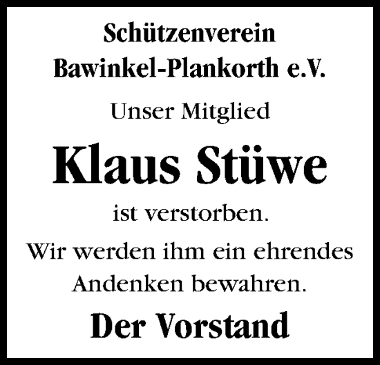 Traueranzeige von Klaus Stüwe von Neue Osnabrücker Zeitung GmbH & Co. KG