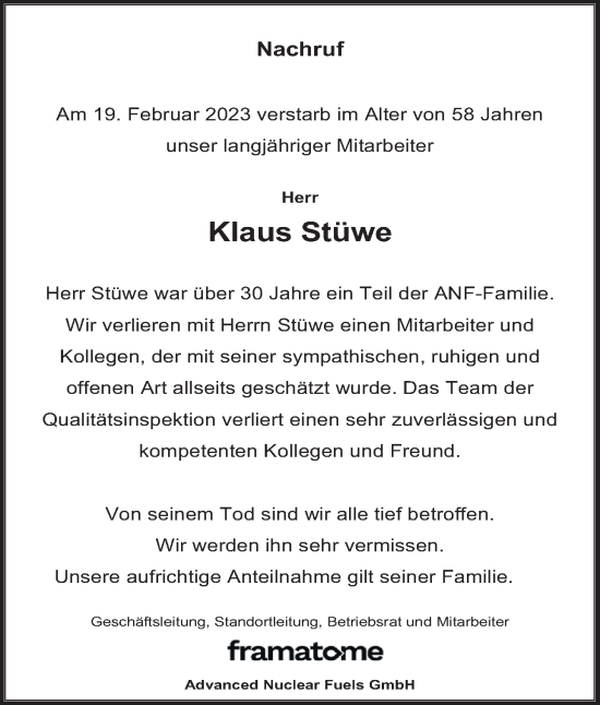 Traueranzeige von Klaus Stüwe von Neue Osnabrücker Zeitung GmbH & Co. KG