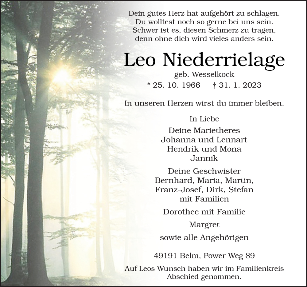  Traueranzeige für Leo Niederrielage vom 11.02.2023 aus Neue Osnabrücker Zeitung GmbH & Co. KG