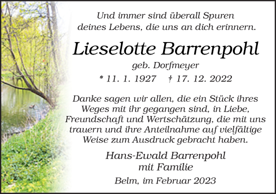 Traueranzeige von Lieselotte Barrenpohl von Neue Osnabrücker Zeitung GmbH & Co. KG