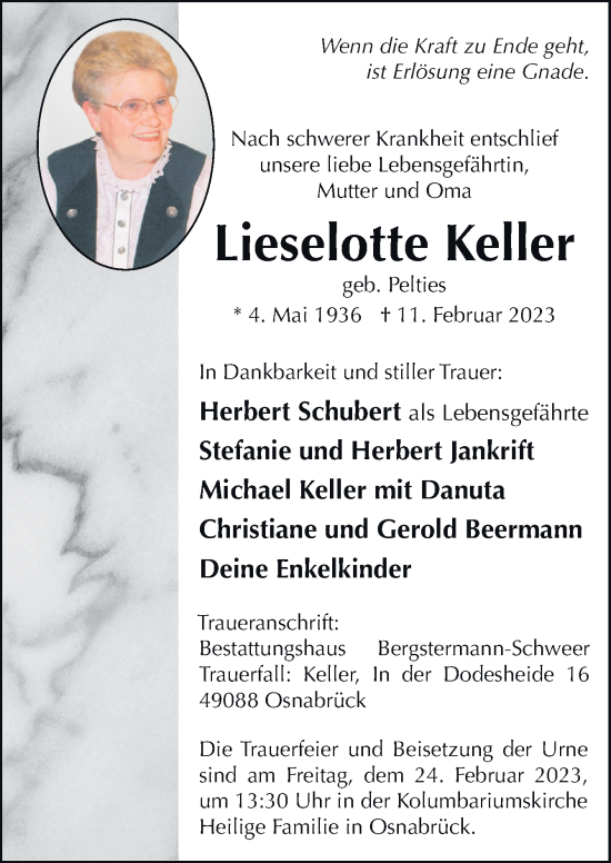 Traueranzeige von Lieselotte Keller von Neue Osnabrücker Zeitung GmbH & Co. KG