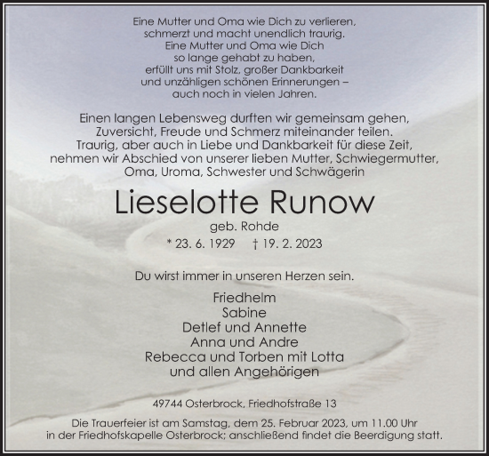 Traueranzeige von Lieselotte Runow von Neue Osnabrücker Zeitung GmbH & Co. KG