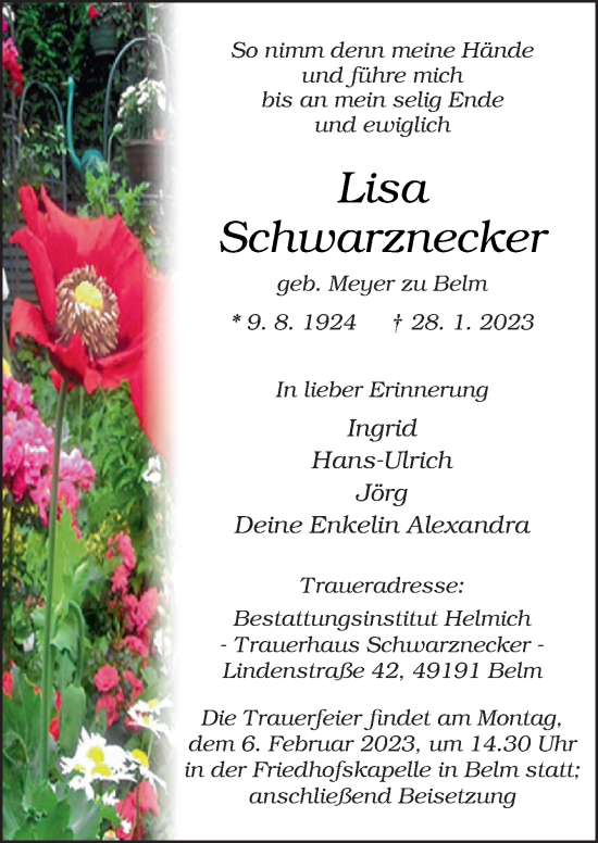 Traueranzeige von Lisa Schwarznecker von Neue Osnabrücker Zeitung GmbH & Co. KG