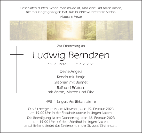 Traueranzeige von Ludwig Berndzen von Neue Osnabrücker Zeitung GmbH & Co. KG