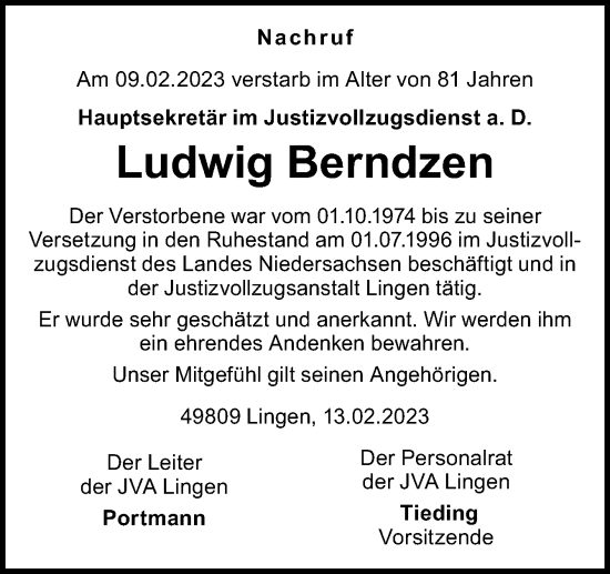 Traueranzeige von Ludwig Berndzen von Neue Osnabrücker Zeitung GmbH & Co. KG