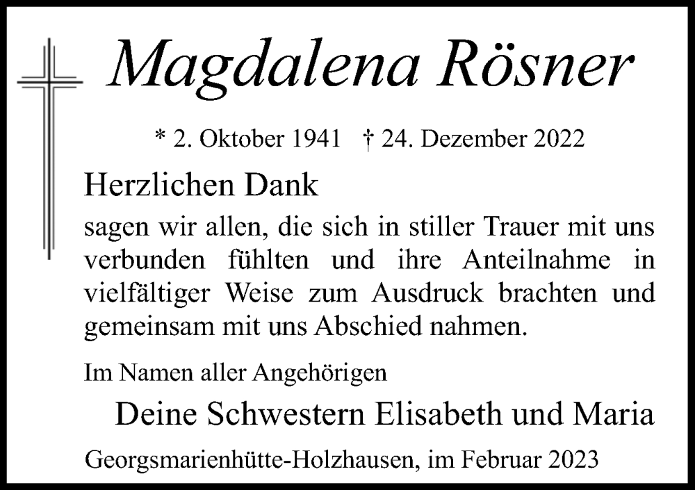  Traueranzeige für Magdalena Rösner vom 18.02.2023 aus Neue Osnabrücker Zeitung GmbH & Co. KG