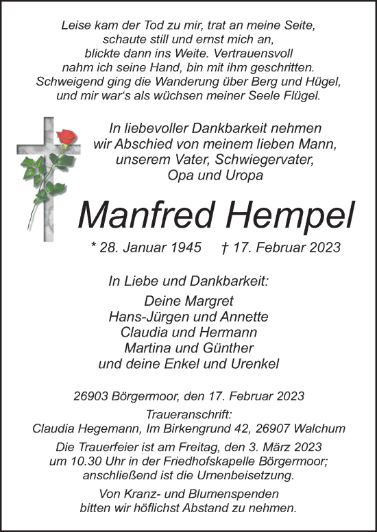 Traueranzeige von Manfred Hempel von Neue Osnabrücker Zeitung GmbH & Co. KG