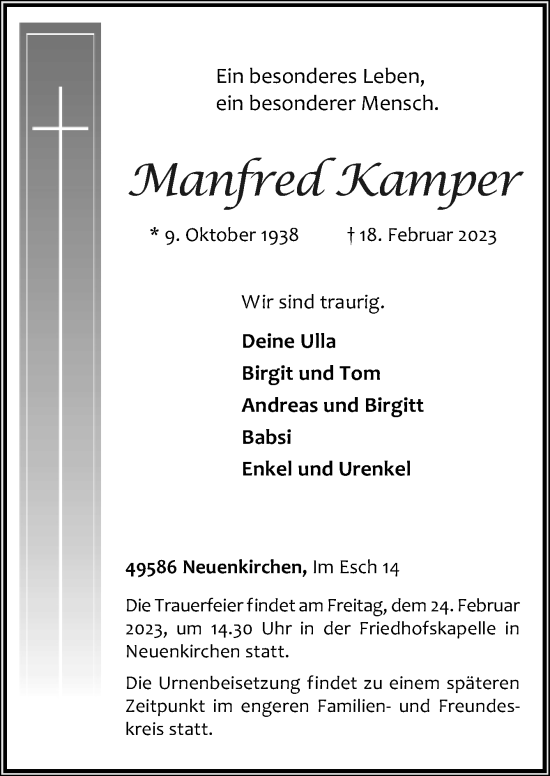 Traueranzeige von Manfred Kamper von Neue Osnabrücker Zeitung GmbH & Co. KG