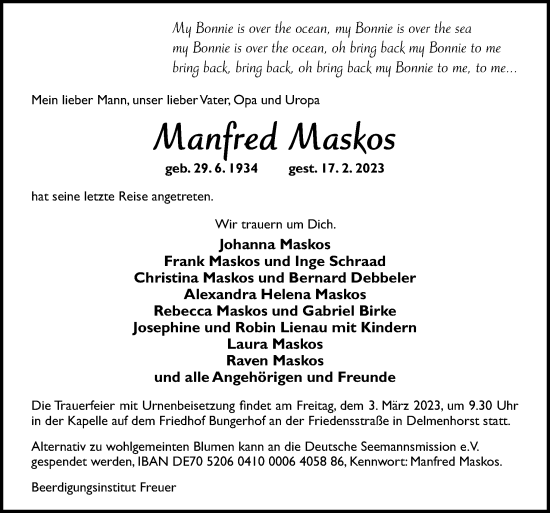 Traueranzeige von Manfred Maskos von DK Medien GmbH & Co. KG