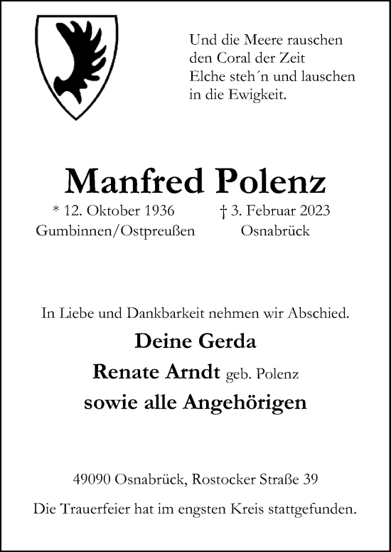 Traueranzeige von Manfred Polenz von Neue Osnabrücker Zeitung GmbH & Co. KG