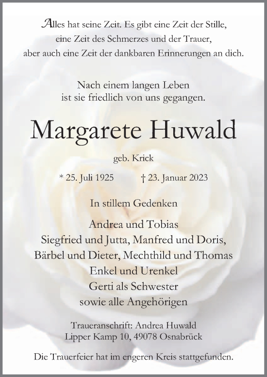 Traueranzeige von Margarete Huwald von Neue Osnabrücker Zeitung GmbH & Co. KG