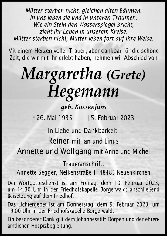 Traueranzeige von Margaretha Hegemann von Neue Osnabrücker Zeitung GmbH & Co. KG