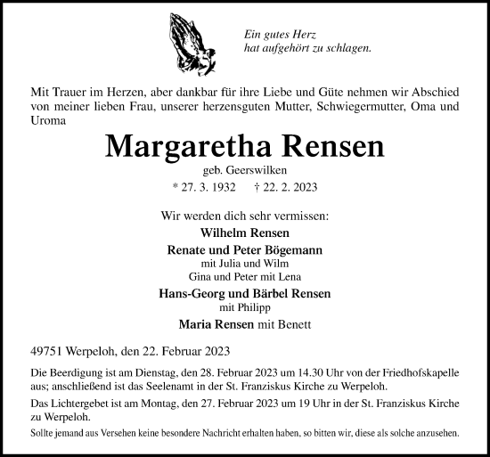 Traueranzeige von Margaretha Rensen von Neue Osnabrücker Zeitung GmbH & Co. KG