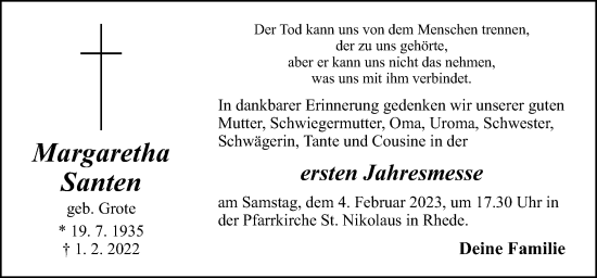 Traueranzeige von Margaretha Santen von Neue Osnabrücker Zeitung GmbH & Co. KG