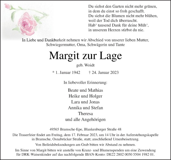Traueranzeige von Margit zur Lage von Neue Osnabrücker Zeitung GmbH & Co. KG