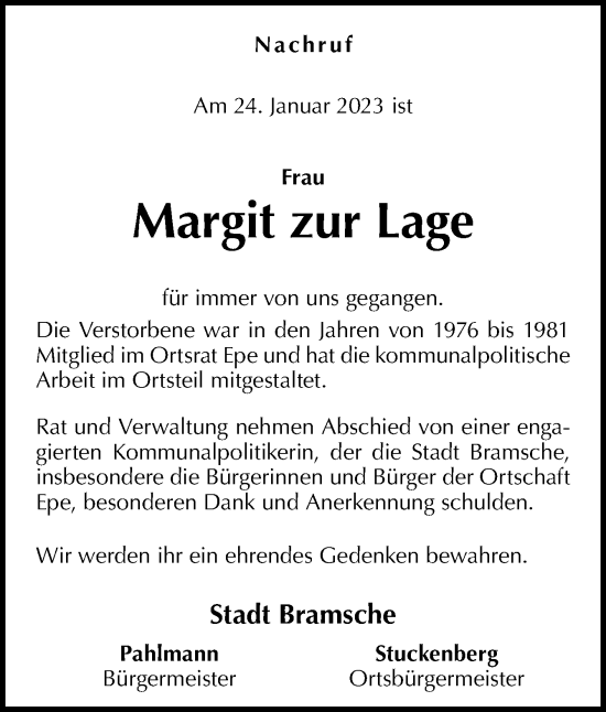 Traueranzeige von Margit zur Lage von Neue Osnabrücker Zeitung GmbH & Co. KG