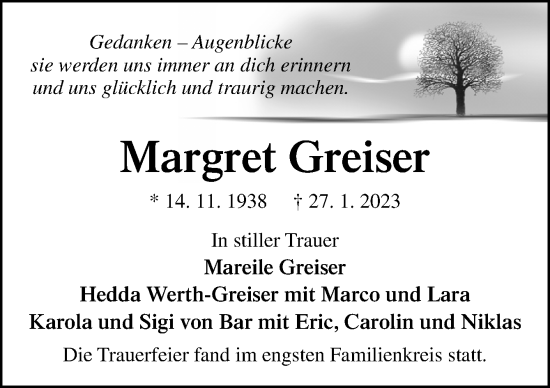 Traueranzeige von Margret Greiser von Neue Osnabrücker Zeitung GmbH & Co. KG