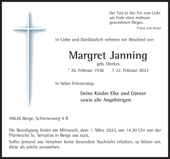 Traueranzeige von Margret Janning von Neue Osnabrücker Zeitung GmbH & Co. KG