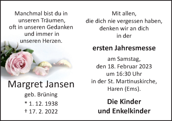 Traueranzeige von Margret Jansen von Neue Osnabrücker Zeitung GmbH & Co. KG