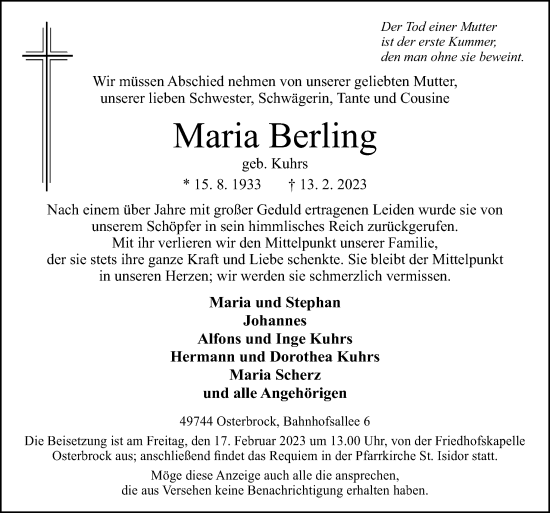 Traueranzeige von Maria Berling von Neue Osnabrücker Zeitung GmbH & Co. KG