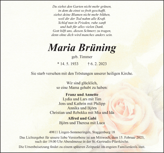Traueranzeige von Maria Brüning von Neue Osnabrücker Zeitung GmbH & Co. KG