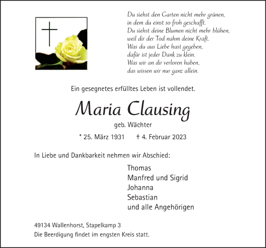 Traueranzeige von Maria Clausing von Neue Osnabrücker Zeitung GmbH & Co. KG
