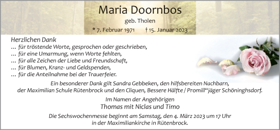 Traueranzeige von Maria Doornbos von Neue Osnabrücker Zeitung GmbH & Co. KG