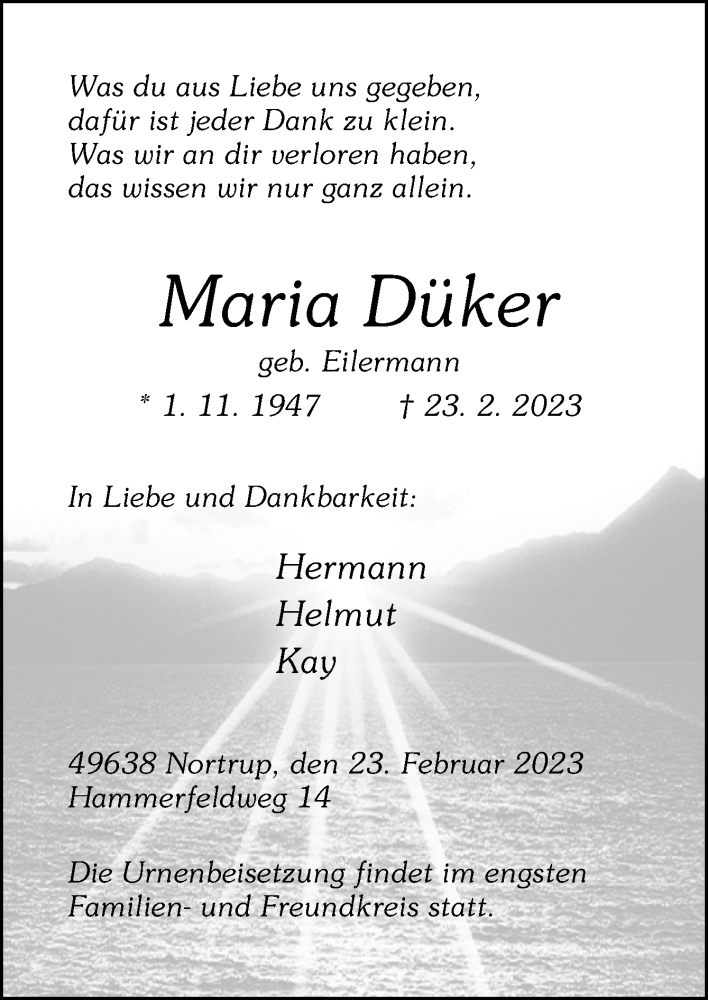  Traueranzeige für Maria Düker vom 25.02.2023 aus Neue Osnabrücker Zeitung GmbH & Co. KG